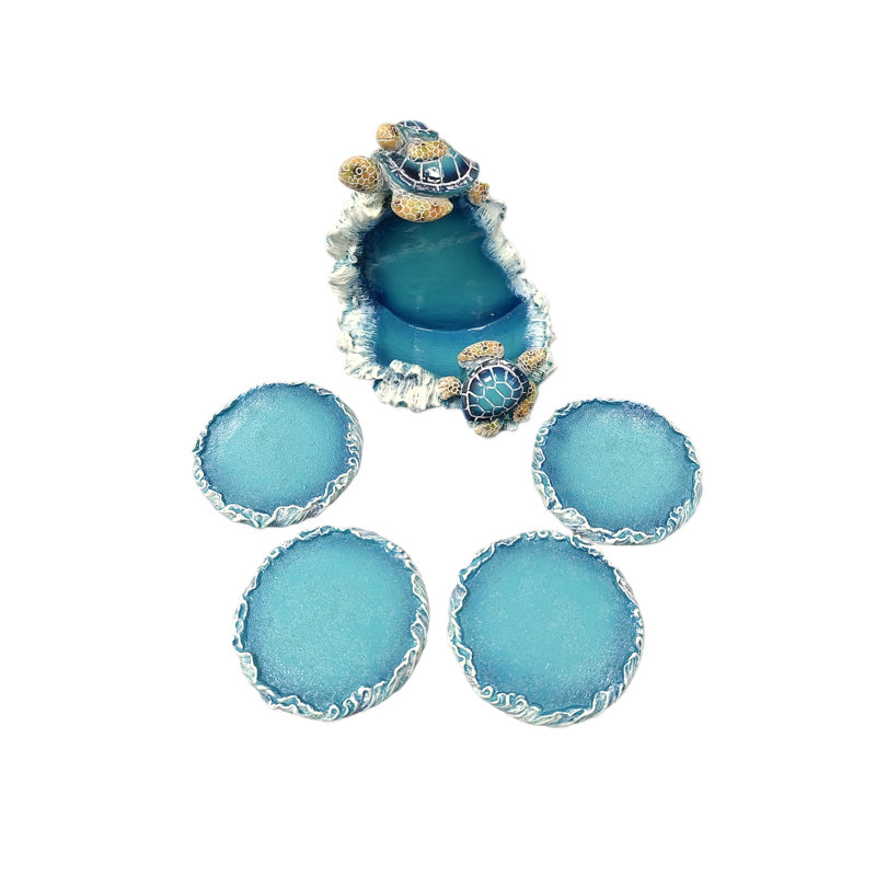 Ocean Blue and White Polyresin Sea Turtle Round Coaster Set with Holder