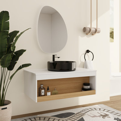 36" Modern Wall-Mounted Bathroom Vanity With Ceramic Sink, Open Shelf Storage