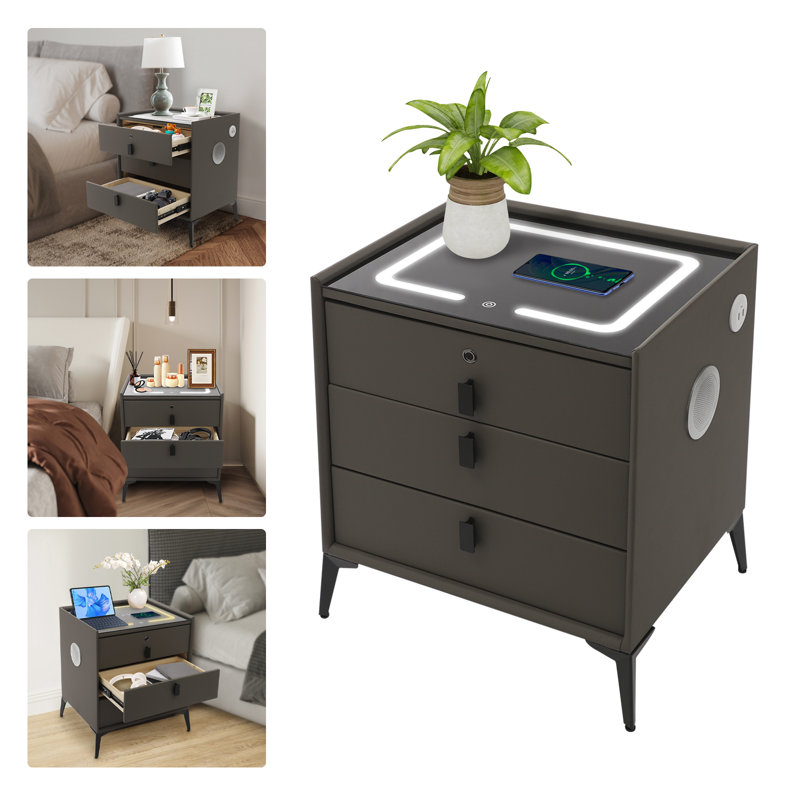 Smart Bedside With Drawers Three-Color Light, USB&Wireless Charging, Fingerprint Lock, And Bluetooth SpeakerÂ 110.23 Lbs Weight Capacity