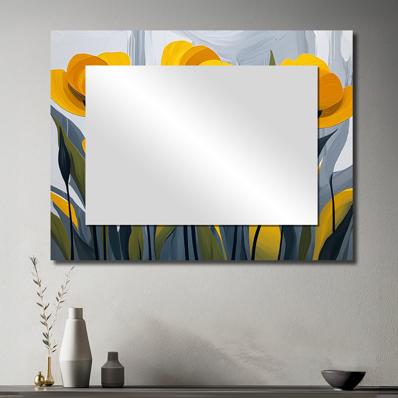 Champ de coquelicots jaunes et gris dans la brise I - miroir floral pour décoration murale - imprimé sur métal, 30 po x 40 po