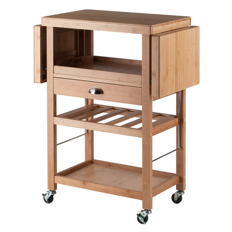 Natural Bamboo Drop Leaf Kitchen Cart with Wine Rack