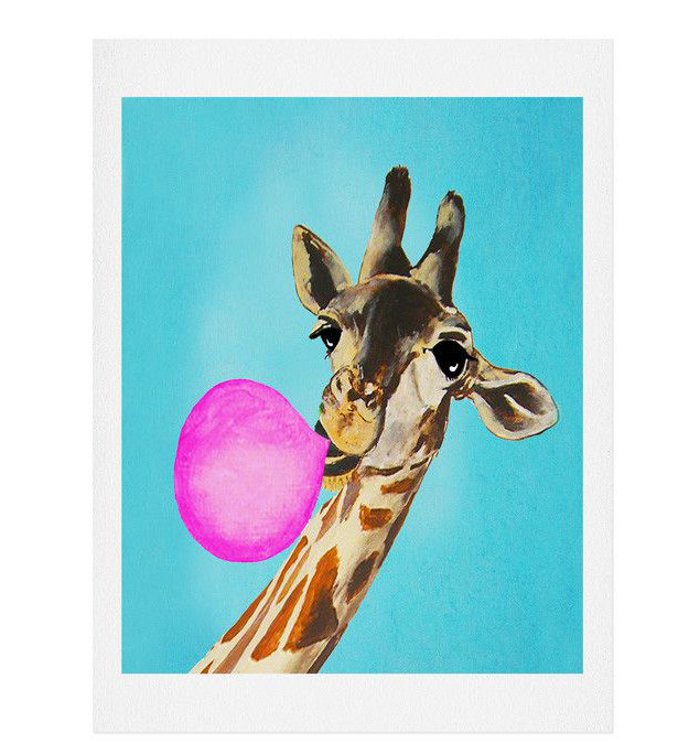 Giraffe soufflant bubblegum, reproduction d’art, H 14 po x l 11 po x P 0,13 po