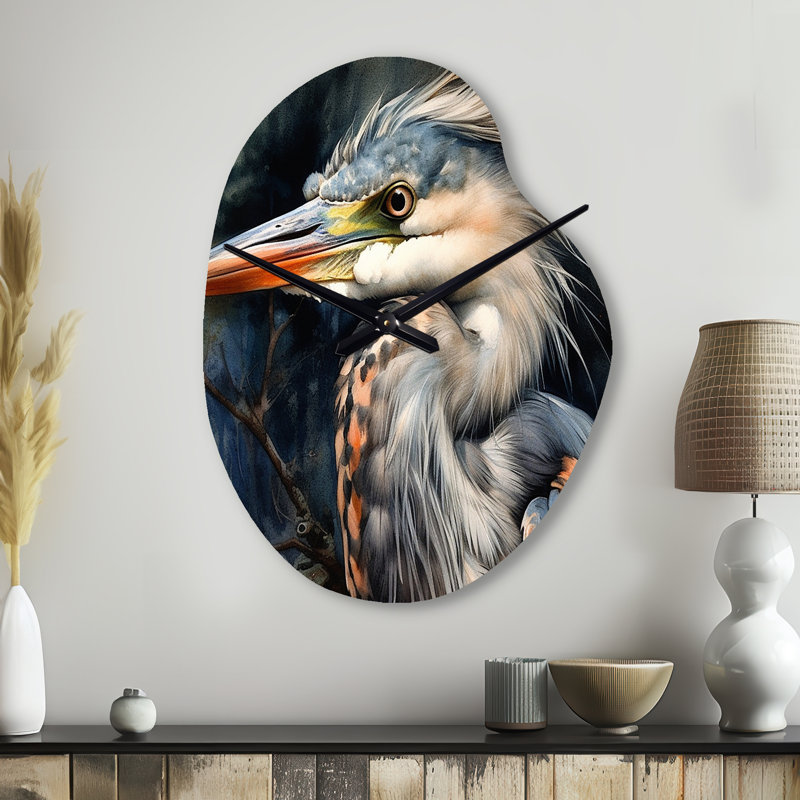 Laye Graceful Heron Waterbird III - Heron Unique Shape Metal Wall Clock, Modern Asymmetrical Wall Clock Print, Small