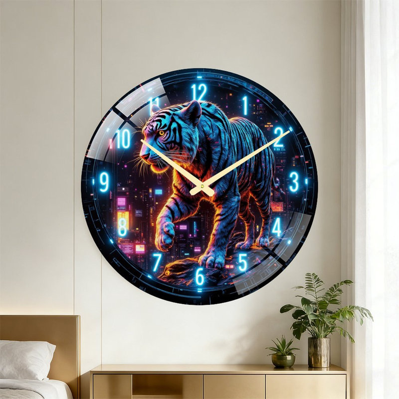 Neon Tiger Clock Art - 24‘’ Modern Glass Wall Clock