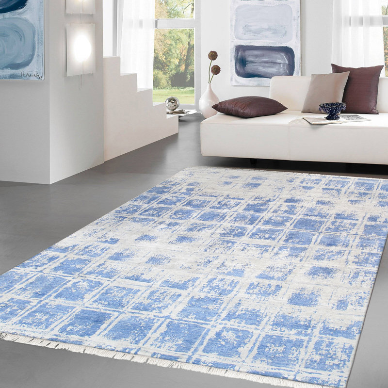 Tapis géométrique en soie noué à la main argent / bleu, Rectangle 8 pi x 10 pi