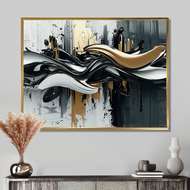 «Widger Goldern Black Shifting Ink Waters I», reproduction d'art sur toile encadrée transitionnelle, H 24 po x l 32 po, Doré