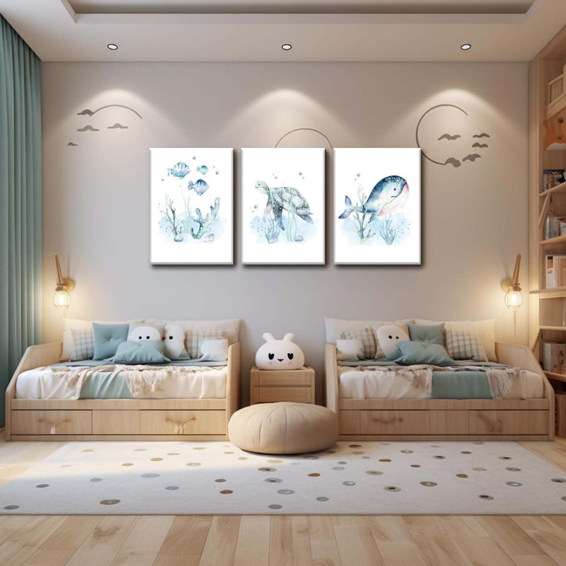 Ocean Nursery Decor, Set Of 3 Room Sea Animal Wall Art Picture Canvas Prints, 12X16 Inch Framed