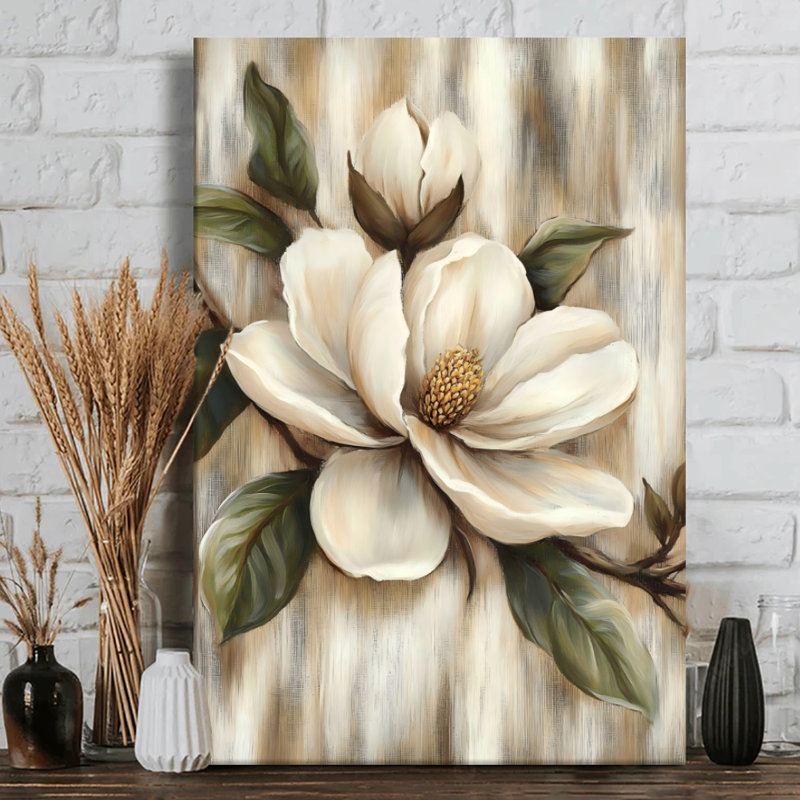 Art mural sur toile de fleurs de magnolia avec feuilles vertes - coups de pinceau doux - galerie profonde de 1 po - 24 po x 36 po