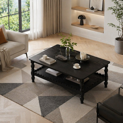 Rectangle Coffee Table Solid Wood Coffee Table with Storage Shelf,Farmhouse 2-Tier Center Table Lacquered Classical Legs