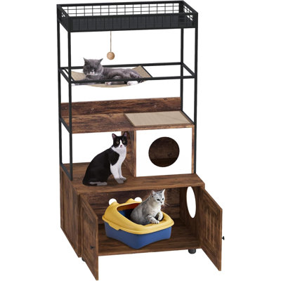 60'' Hidden Litter Box Furniture with Metal Frame Wood Cat Tower Cabinet with Litter Box Enclosure, Condo, Hammock and Scratching Mat Dog Proof Litter Box Enclosure