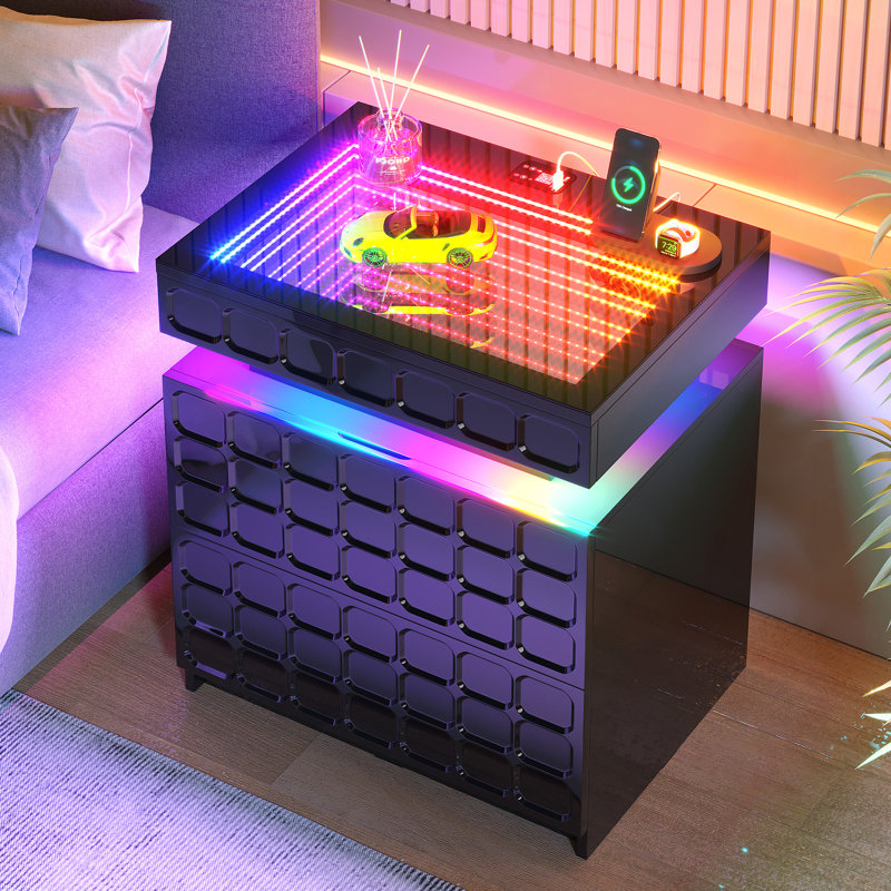 50cm W Bedside Table with 3D Mirror Abyss and Sensor RGB Lighting, 2-Drawer Bedside Table with Hidden Storage And Lockable
