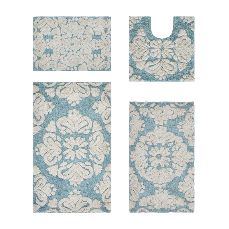 Ensemble de tapis pour salle de bain 100% coton 1885 GSM Chemash Premium, certifié OEKO-TEX®, envers en latex antidérapant, tapis de bain touffetés moelleux et tapis de contour pour douche, baignoire, meuble-lavabo, lavabo et toilette, super absorbant, machine Lavable, bleu