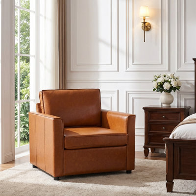 39" Faux Leather Armchair For Living Room, Single Sofa Chair With Deep Seat Cushion, Caramel