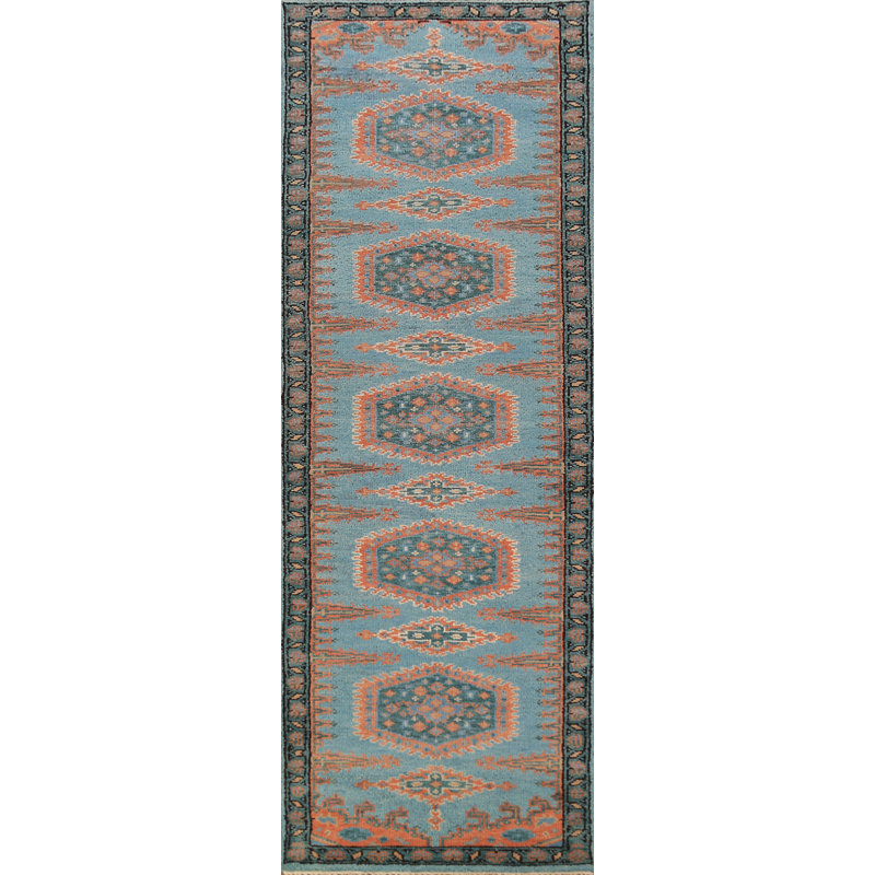 Tapis de couloir indien bleu à motif géométrique traditionnel 3 x 9