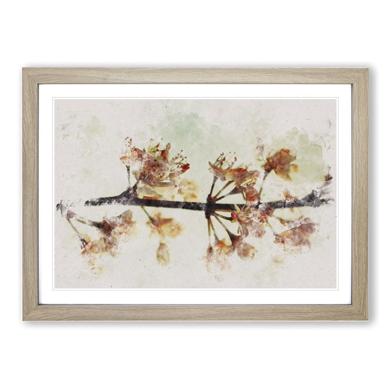 Pink Cherry Blossom Flowers Vol.12 - Picture Frame Graphic Art, Oak Framed, 48cm H x 65cm W x 2cm D
