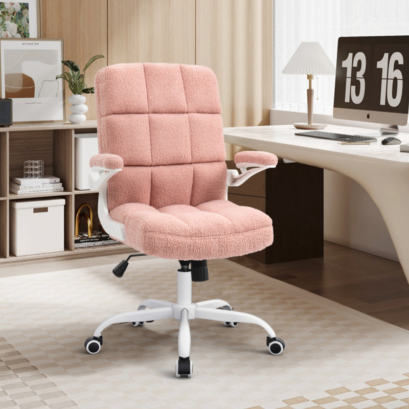 Ergonomic Executive Chair, Pink, White, Teddy Fleece