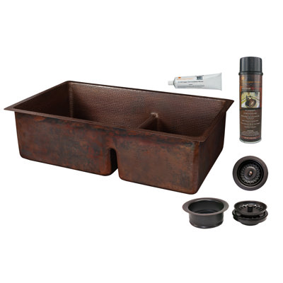 33" Hammered Copper Kitchen 60/40 Double Basin Sink with Short 5" Divider w/ Matching Drains and Accessories