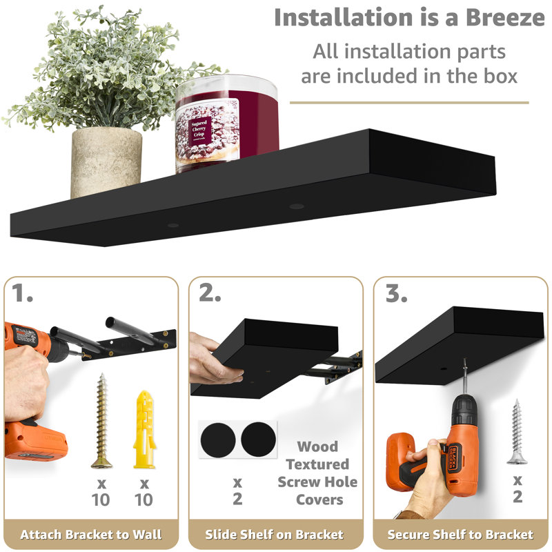Floating Shelves with Invisible Mounting Set of 4, Black, 1.5" H x 23.75" W x 9.25" D