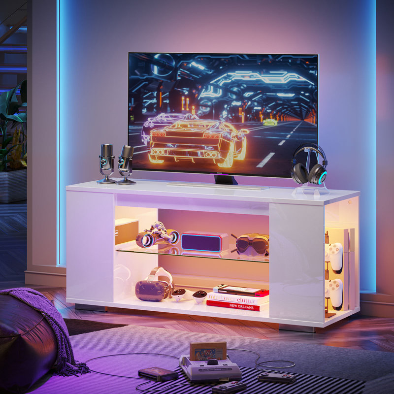 Meuble télé pour téléviseur de 55 po ou moins avec lustre DEL et rangement DEL, Blanc, H 20,5 po x l 47,2 po x P 14,4 po