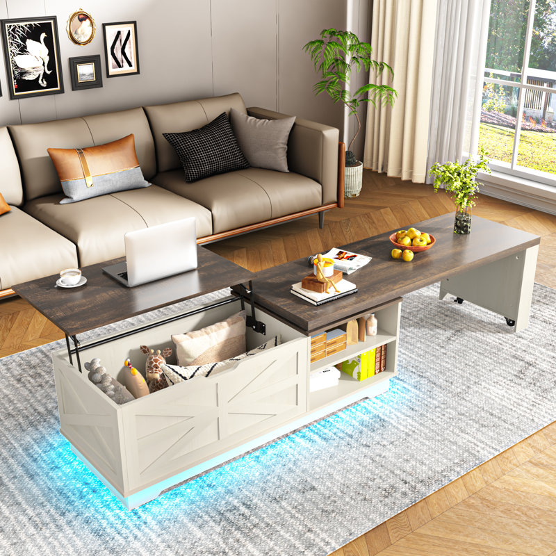 57"-89" Large Farmhouse L-Shaped Extendable Coffee Table with Lift Top, Power Outlet, 90°/180° Rotation & 6000-Colour LED Lighting, Hidden Storage Compartment for Living Room
