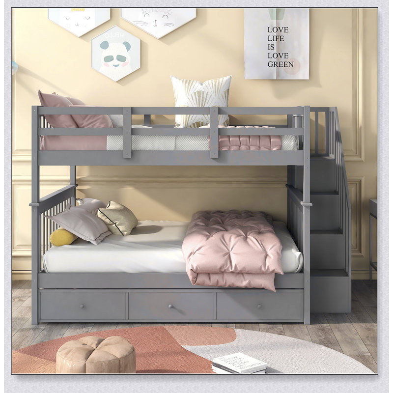 Stairway Full-Over-Full Bunk Bed With Drawer, Storage And Guard Rail For Bedroom, Gray