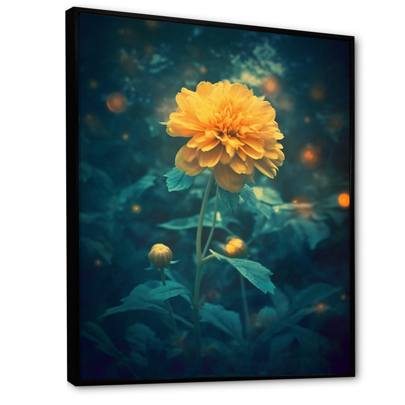 «Yellow Teal Marigold Splendor I» sur toile imprimée, Cadre flottant noir, H 20 po x l 12 po x P 1 po