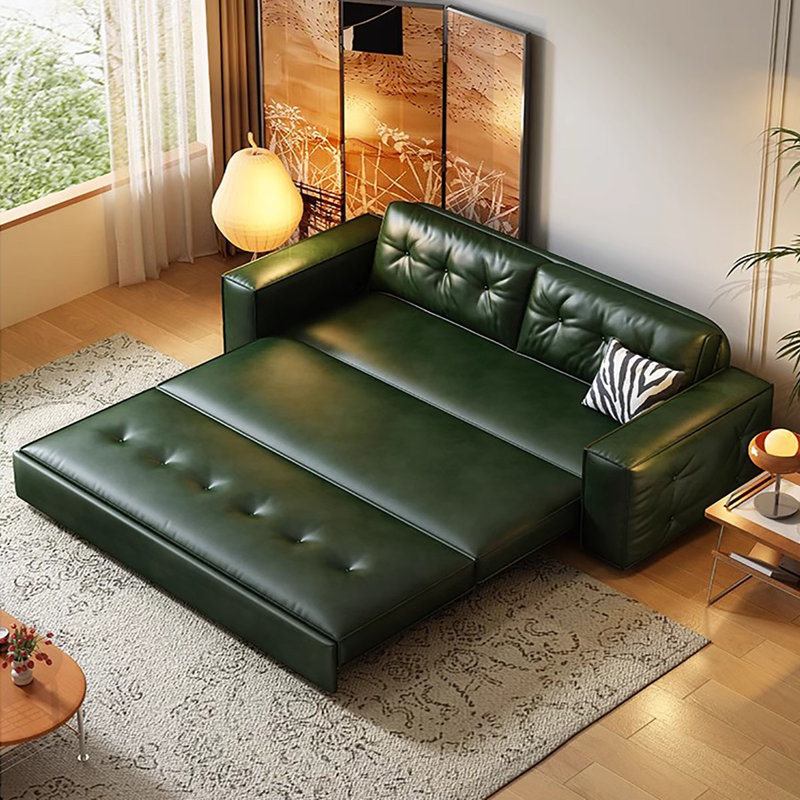66.93"Green Modern Oil Wax Leather Sofa Bed, 33.07" H x 66.93" W x 31.5" D