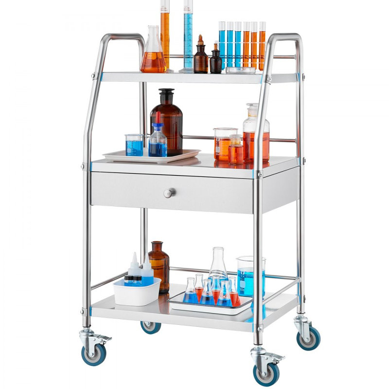 Chariot de service, chariot utilitaire en acier inoxydable à 3 couches avec tiroir, roulettes verrouillables, idéal pour les laboratoires, les hôpitaux et les cabinets dentaires