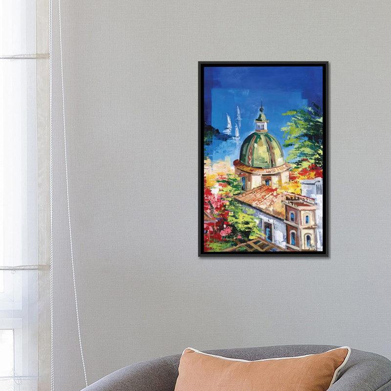 « positano », reproduction sur toile, H 60 po x l 40po x P 1,5 po, Toile avec cadre noir, Pas de tapis