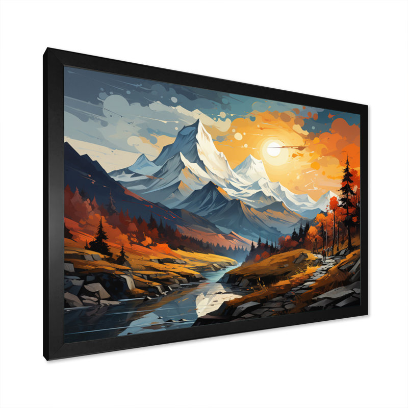 «Orange Teal Mountains Majestic Peaks Collage IV», reproduction sur toile, H 24 po x l 32 po x P 1 po, Cadre simple noir