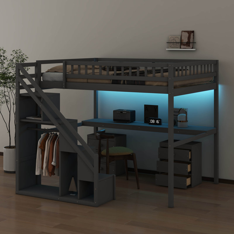 Lit mezzanine avec deux commodes, bureau et bande lumineuse, gris, Double