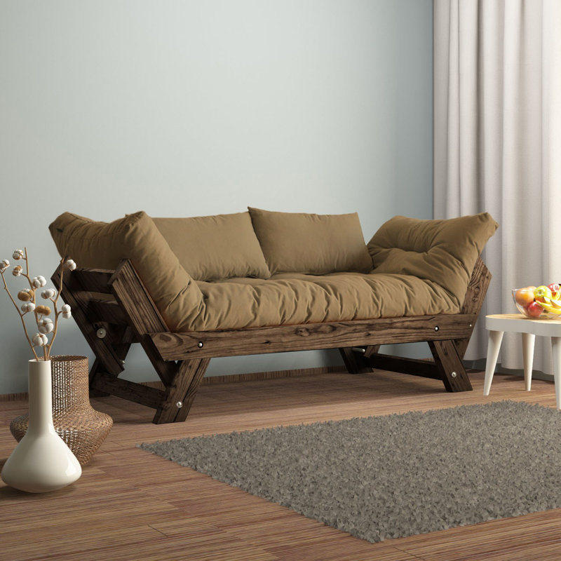 Convertible Pine Wood 2-Seat Outdoor Sofa With Waterproof Linen Cushions, Camel, Walnut
