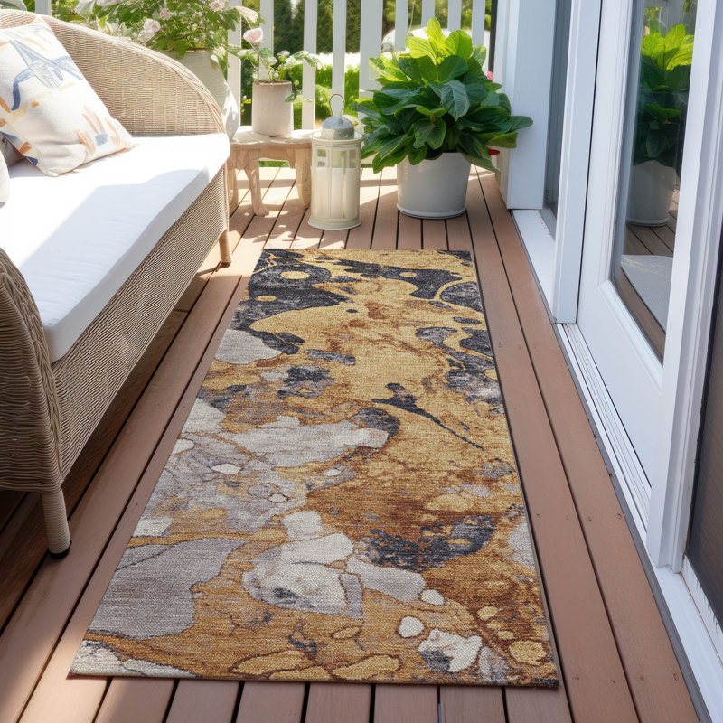 Machine Washable Indoor/Outdoor Xhevrie Gold Rug, Runner 2'3" x 7'6"