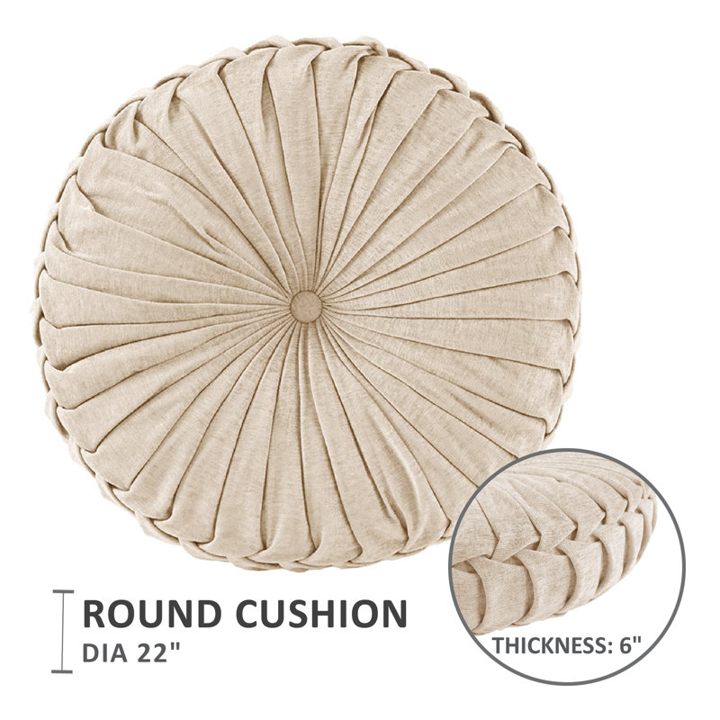 Gray Poly Chenille Round Floor Pillow with Tufted Button