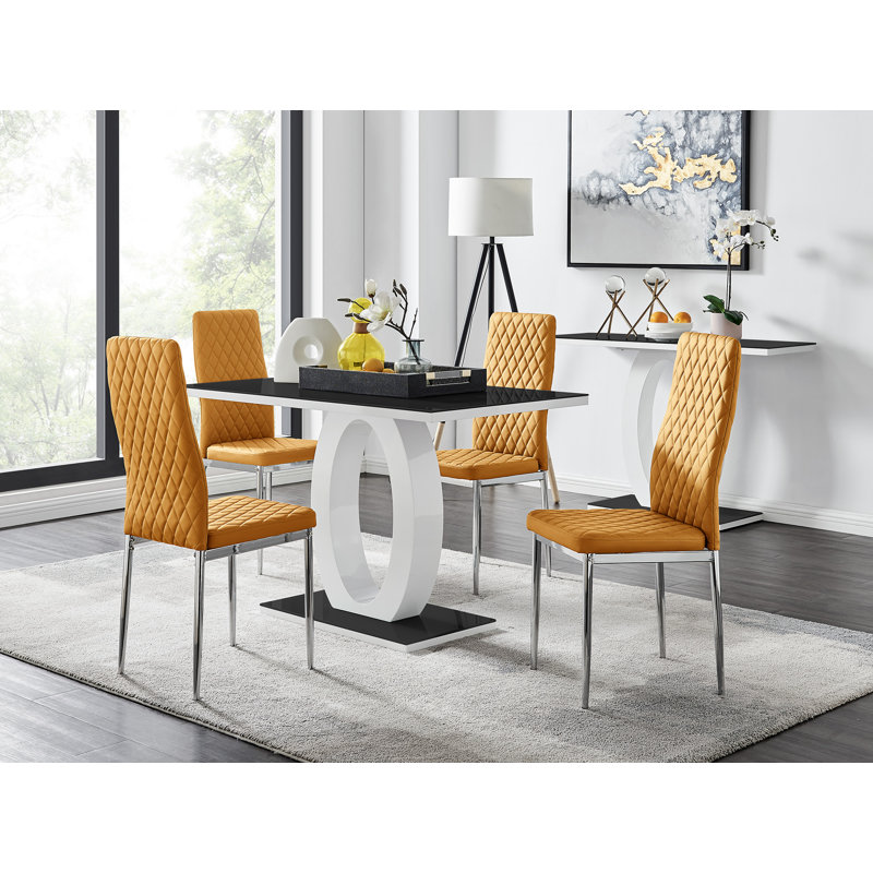 Eubanks 4 Black Dining Table & 4 Grey Gold Leg Chairs, Mustard/Silver