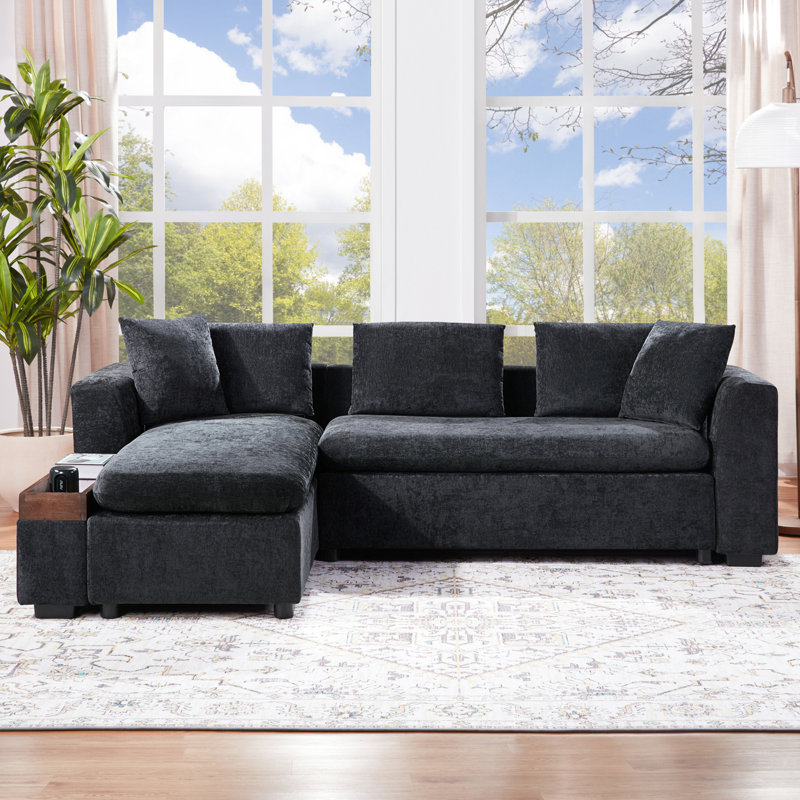 Canapé modulaire avec canapé en L 93,7 po et compartiment de rangement en bois pour salon, Black Chenille
