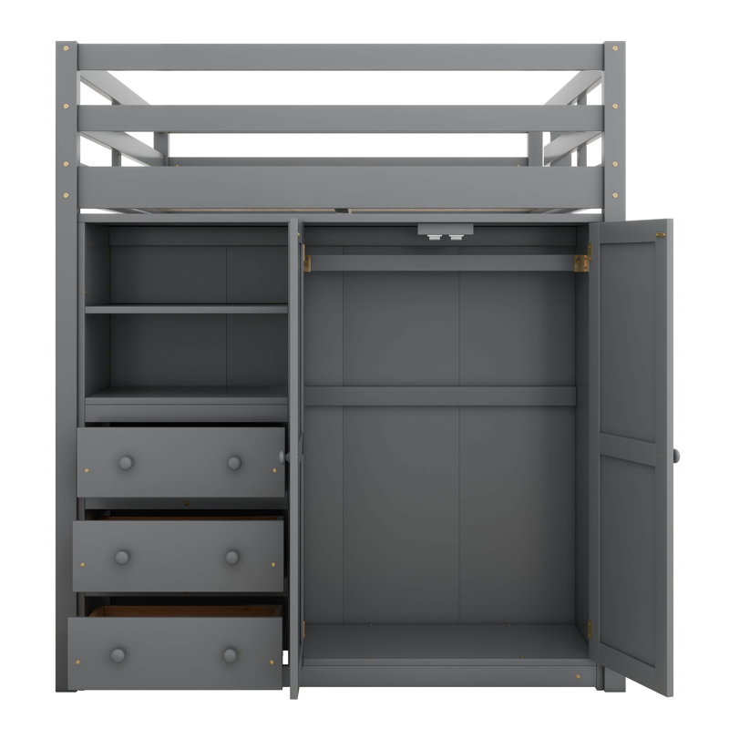 Javonn Full 3 Drawer Youth Loft Bed with Built-in-Desk and Shelves by Yikong, Gray
