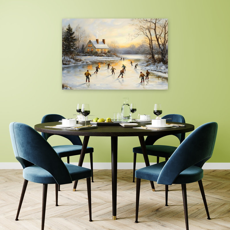 «Vintage Winter Ice Skaters Peaceful Serene Traditional Architecture Landscape», reproduction d'art mural, 32" H x 48" W