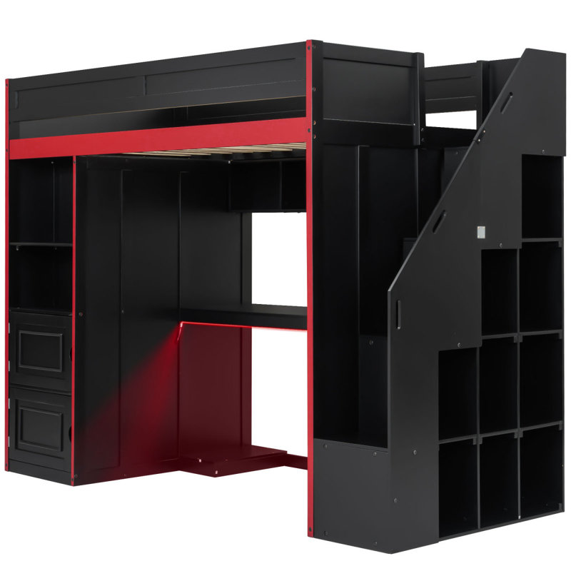 Gaming Loft Bed with Desk and Storage,LED Lights, Twin, Twin