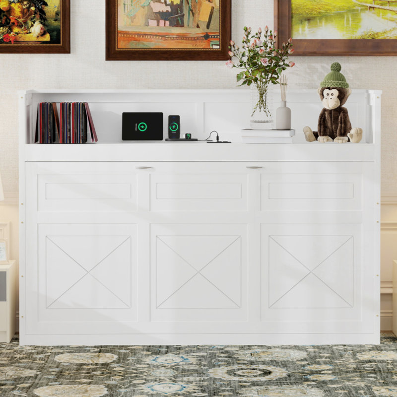 Perica Twin XL Farmhouse Murphy Bed With Desk And USB Charging, Antique white 2