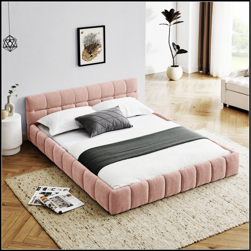 Luxueuse structure de lit tapissier avec tissu chenille épais, tête de lit élégante et plateforme durable, Grand lit, Pink