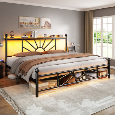 Vintage Metal Bed Frame with LED Lights, Storage Headboard & 10.2" Under Bed Storage, Noise-Free Sturdy Platform Bed