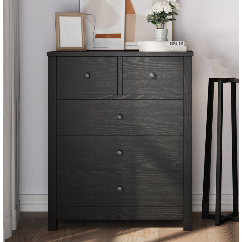 Petite commode robuste à 5 tiroirs avec poignée ronde, Noir, noir, noir, noir