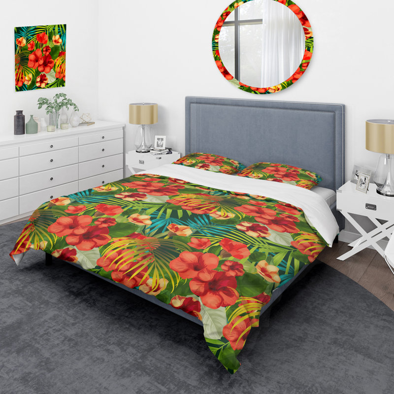 Roses rouges et feuille verte - ensemble de housse de couette à motif floral - microfibre de polyester