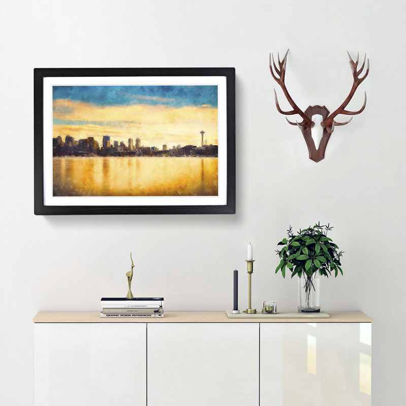 Reflection of the Seattle Skyline - Framed Print, 45cm H x 63cm W x 2cm D, Black Framed