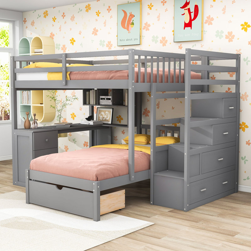 Full-Over-Twin Bunk Bed with Storage Drawers and Study Desk, Gray