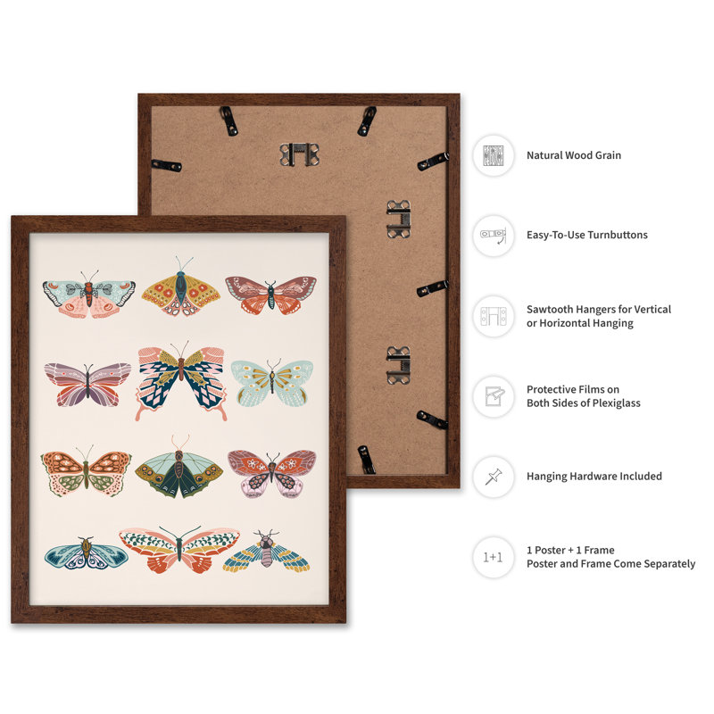 Papillons No1, Affiche, H 12 po x l 16 po, Encadrement brun
