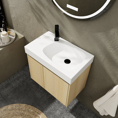 Meuble-lavabo 24 po avec lavabo en céramique, lavabo flottant mural, armoire de rangement en bois à deux portes pour la salle de bain, lavabo pratique en chêne - lavabo pratique 24 po, armoire, mise à niveau fonctionnelle