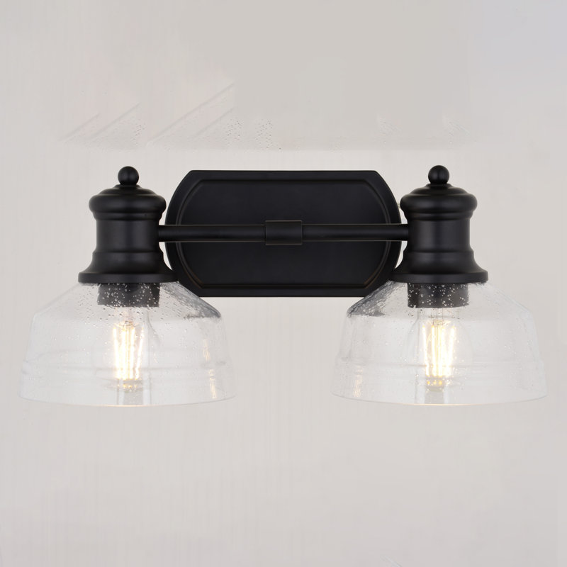 Akadia Light Black Farmhouse Bathroom Vanity Fixture Clear Seeded Glass, 2 Lights