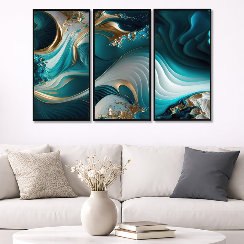 Géode abstraite turquoise II - reproduction de 3 pièces, Noir, H 28 po x l 36 po x P 1 po